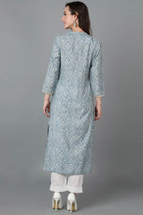 Grey Silk Blend Mandarin Collar KurtI Set