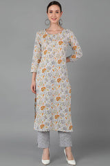 Grey Cotton Round Neck KurtI Set