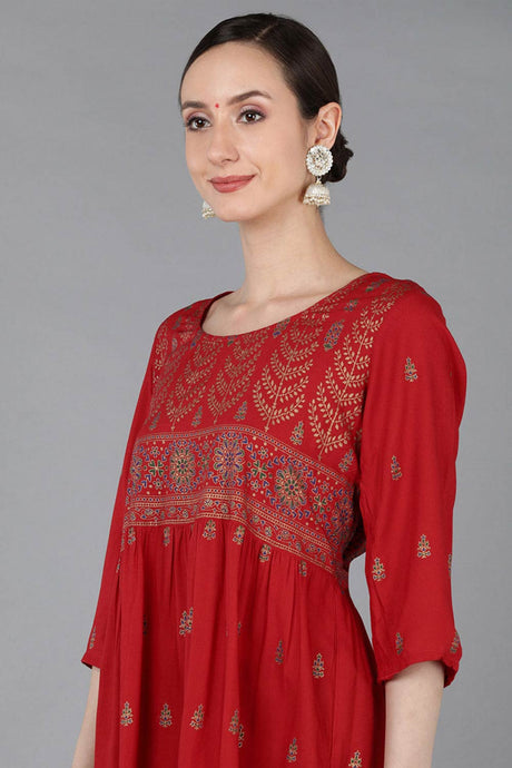 Red Rayon Floral Print Round Neck KurtI Set