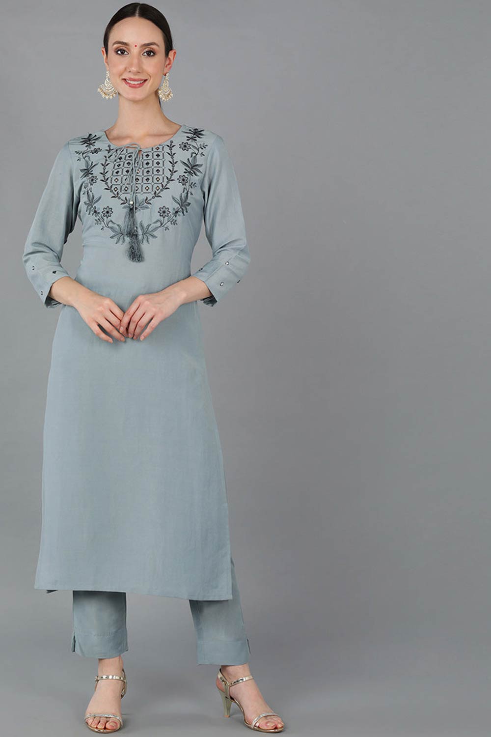 Blue Silk Blend Solid Straight Fit KurtI Set