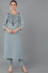 Blue Silk Blend Solid Straight Fit KurtI Set