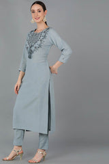 Blue Silk Blend Solid Straight Fit KurtI Set