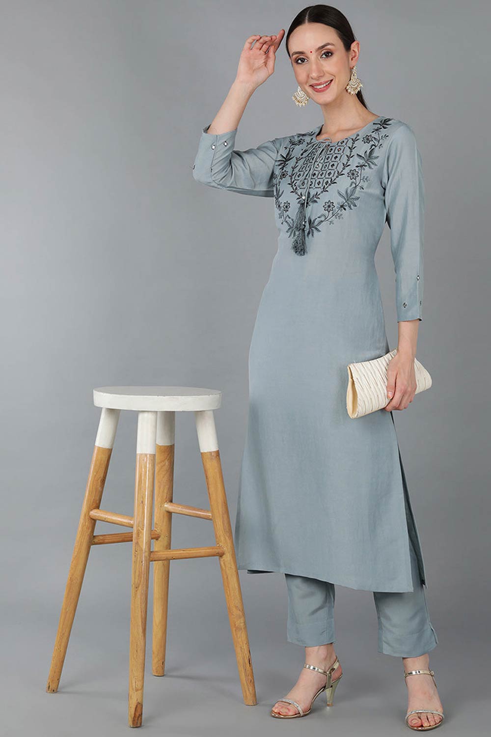 Blue Silk Blend Solid Straight Fit KurtI Set