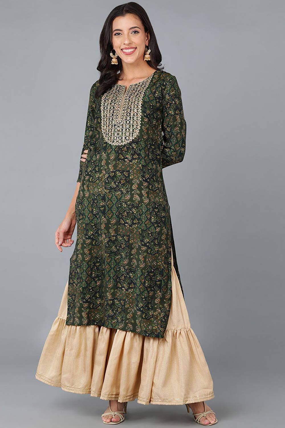 Green Silk Blend Floral Print Round Neck KurtI Set