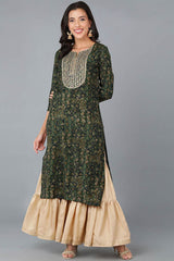 Green Silk Blend Floral Print Round Neck KurtI Set