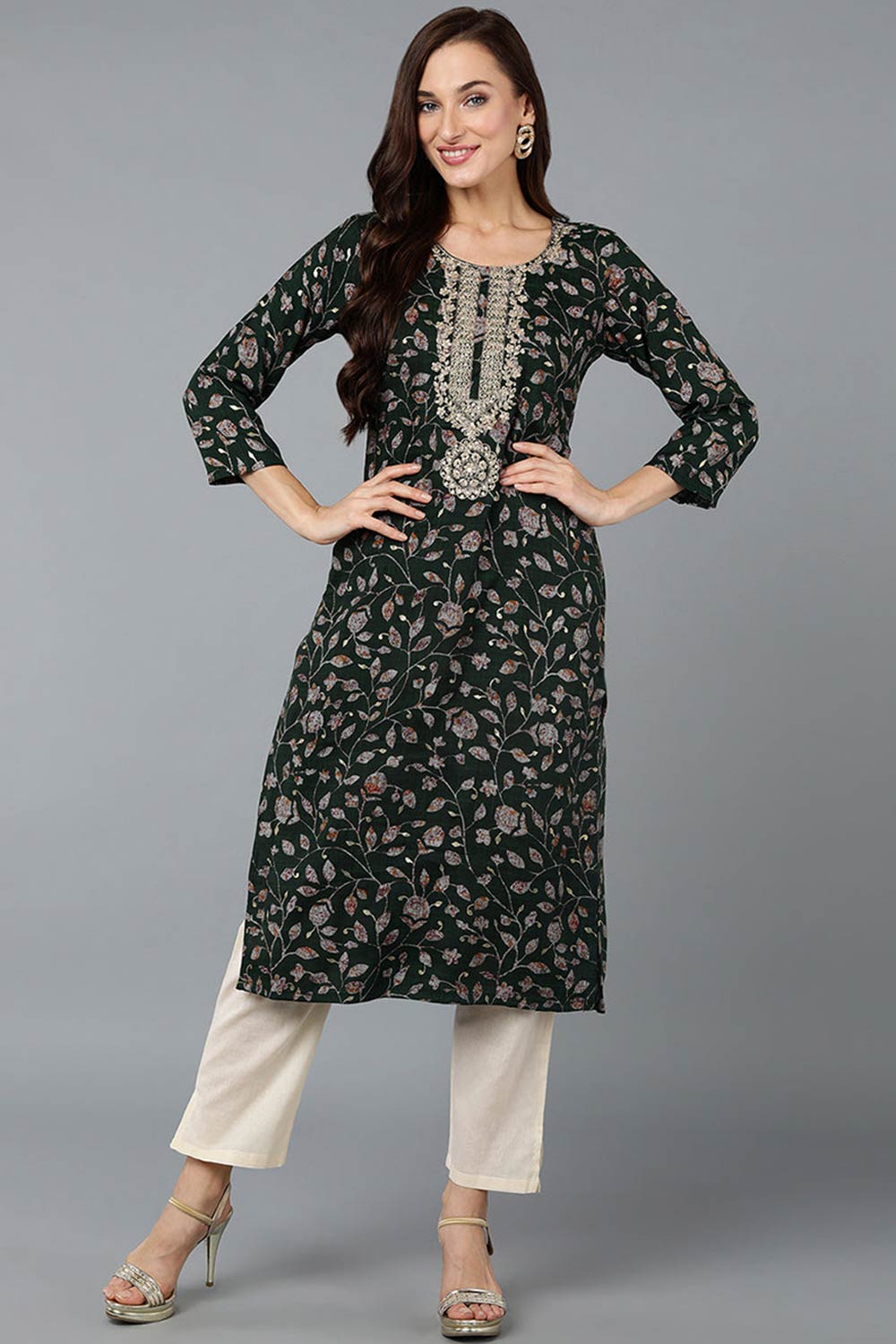 Green Silk Blend Floral Straight Fit KurtI Set