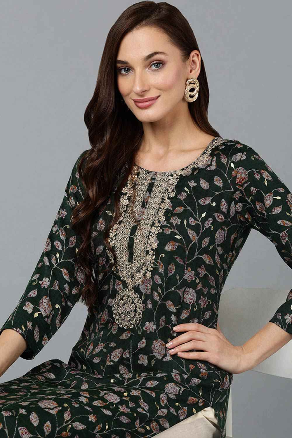 Green Silk Blend Floral Straight Fit KurtI Set