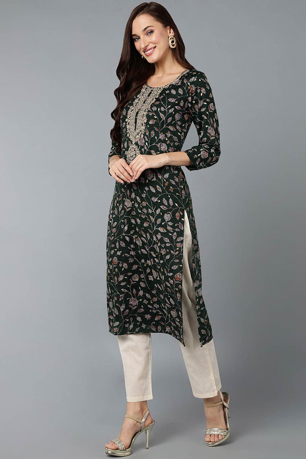 Green Silk Blend Floral Straight Fit KurtI Set