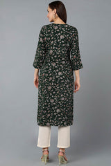 Green Silk Blend Floral Straight Fit KurtI Set