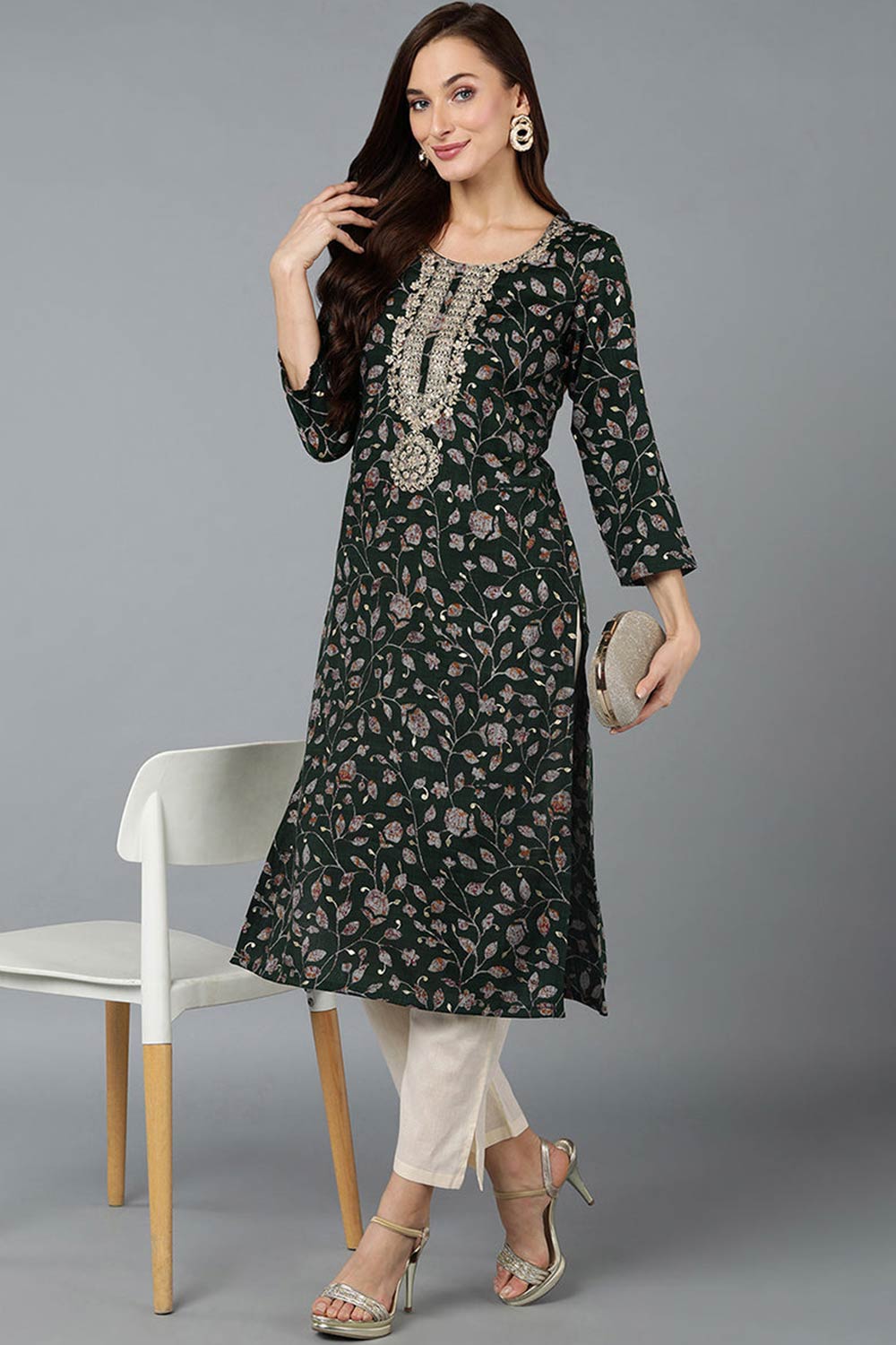 Green Silk Blend Floral Straight Fit KurtI Set