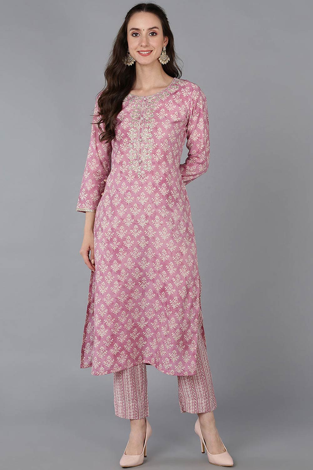 Pink Silk Blend Embroidered Round Neck KurtI Set