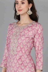 Pink Silk Blend Embroidered Round Neck KurtI Set