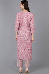 Pink Silk Blend Embroidered Round Neck KurtI Set