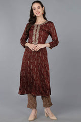 Red Silk Blend Embroidered Round Neck KurtI Set