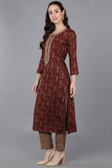 Red Silk Blend Embroidered Round Neck KurtI Set