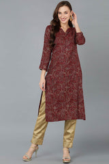 Red Silk Blend Embroidered Round Neck KurtI Set