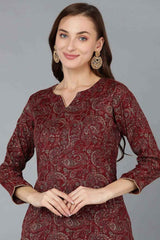 Red Silk Blend Embroidered Round Neck KurtI Set