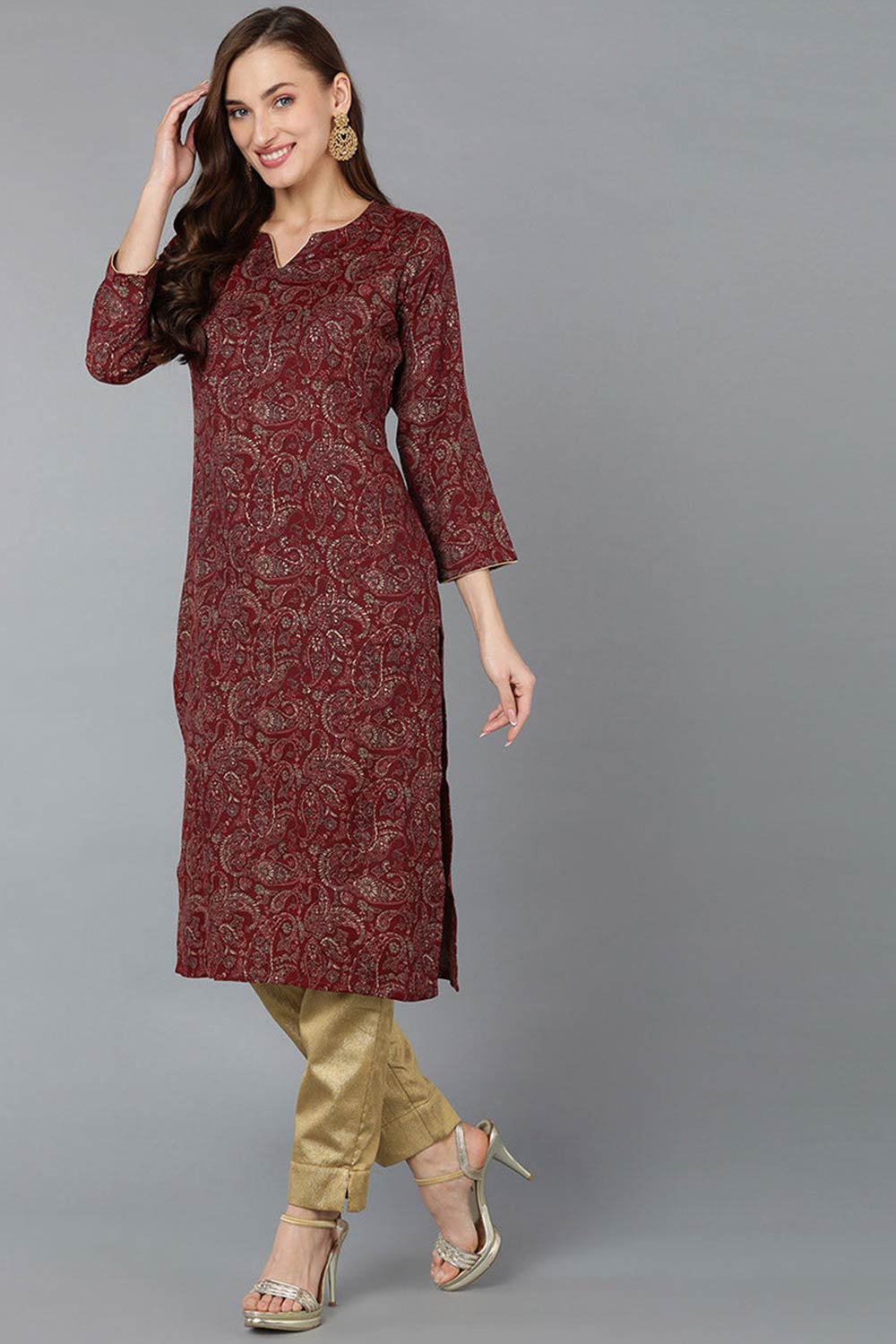 Red Silk Blend Embroidered Round Neck KurtI Set