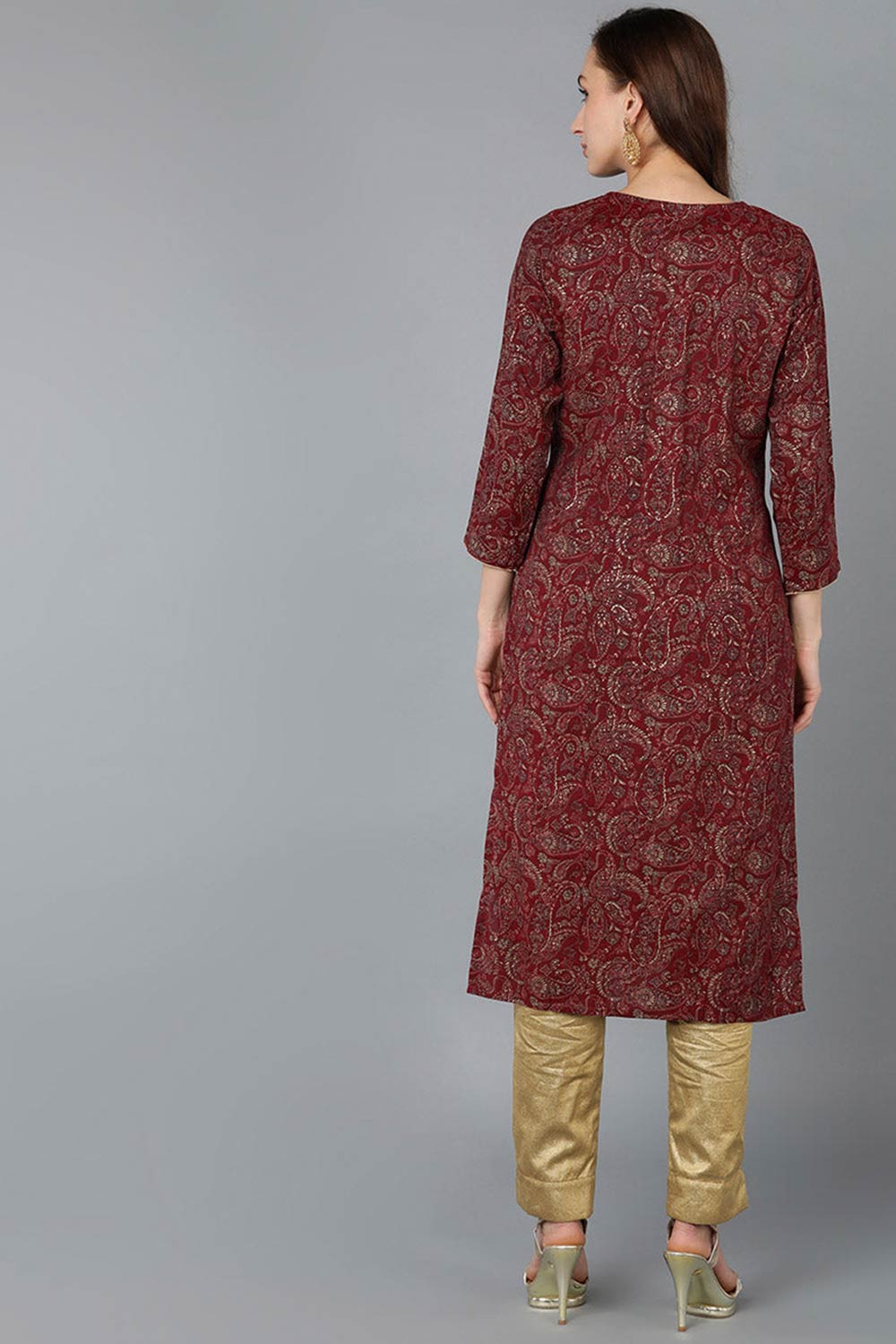 Red Silk Blend Embroidered Round Neck KurtI Set