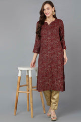 Red Silk Blend Embroidered Round Neck KurtI Set