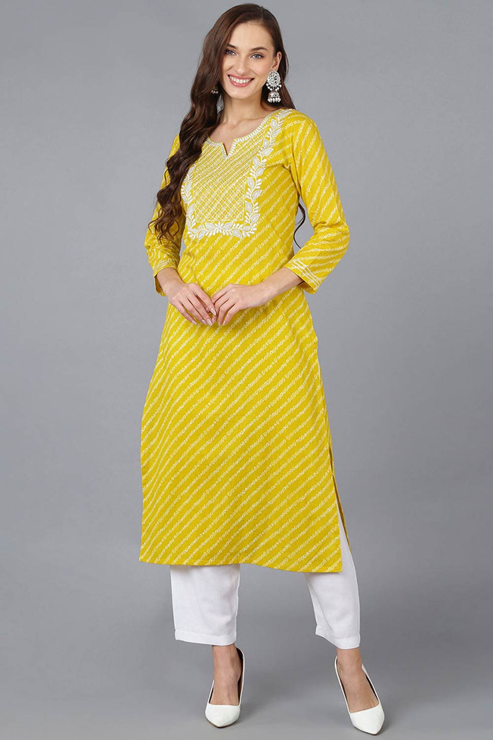 Yellow Cotton Embroidered Round Neck KurtI Set