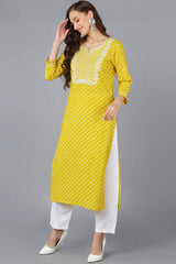 Yellow Cotton Embroidered Round Neck KurtI Set