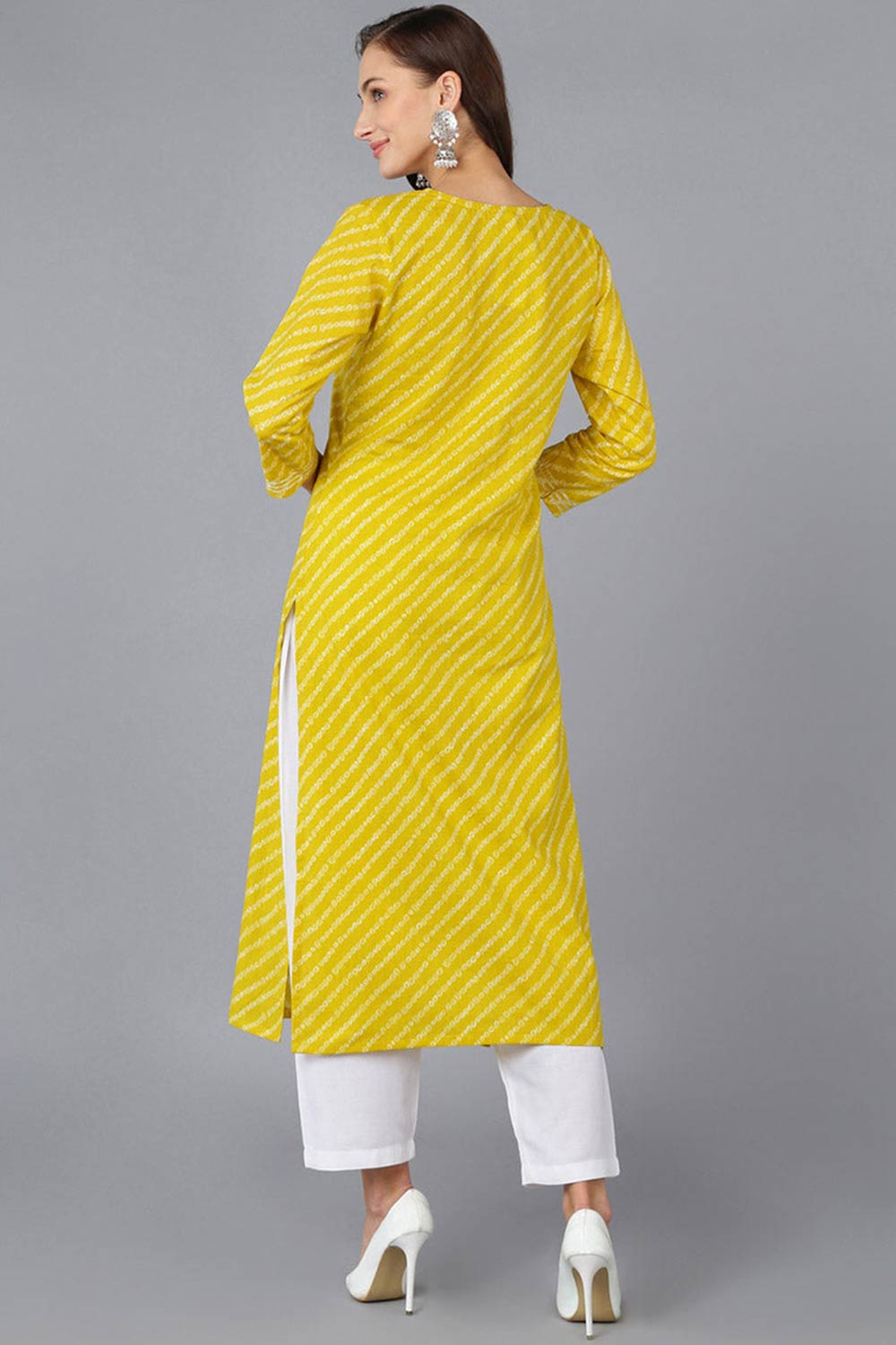 Yellow Cotton Embroidered Round Neck KurtI Set