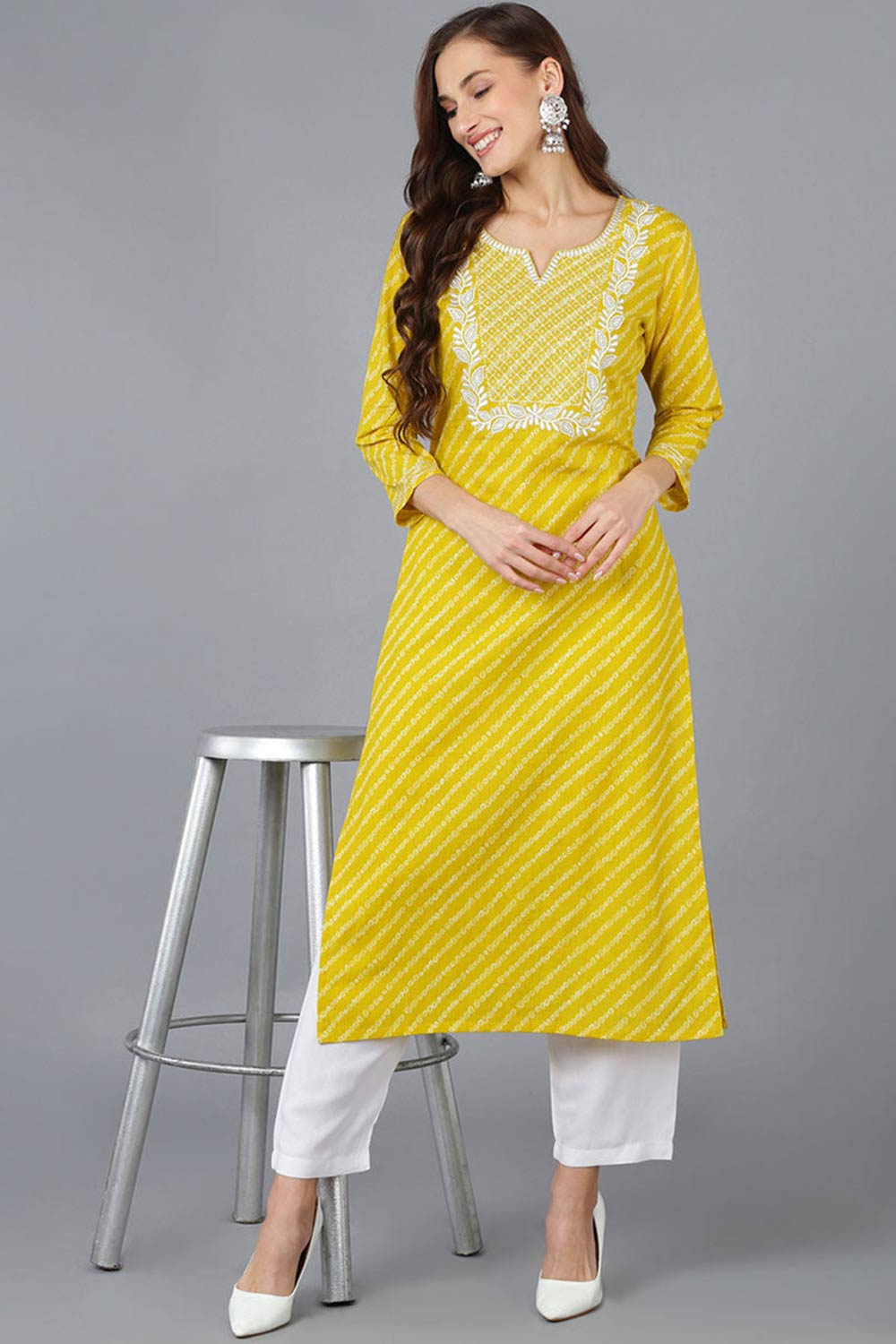 Yellow Cotton Embroidered Round Neck KurtI Set