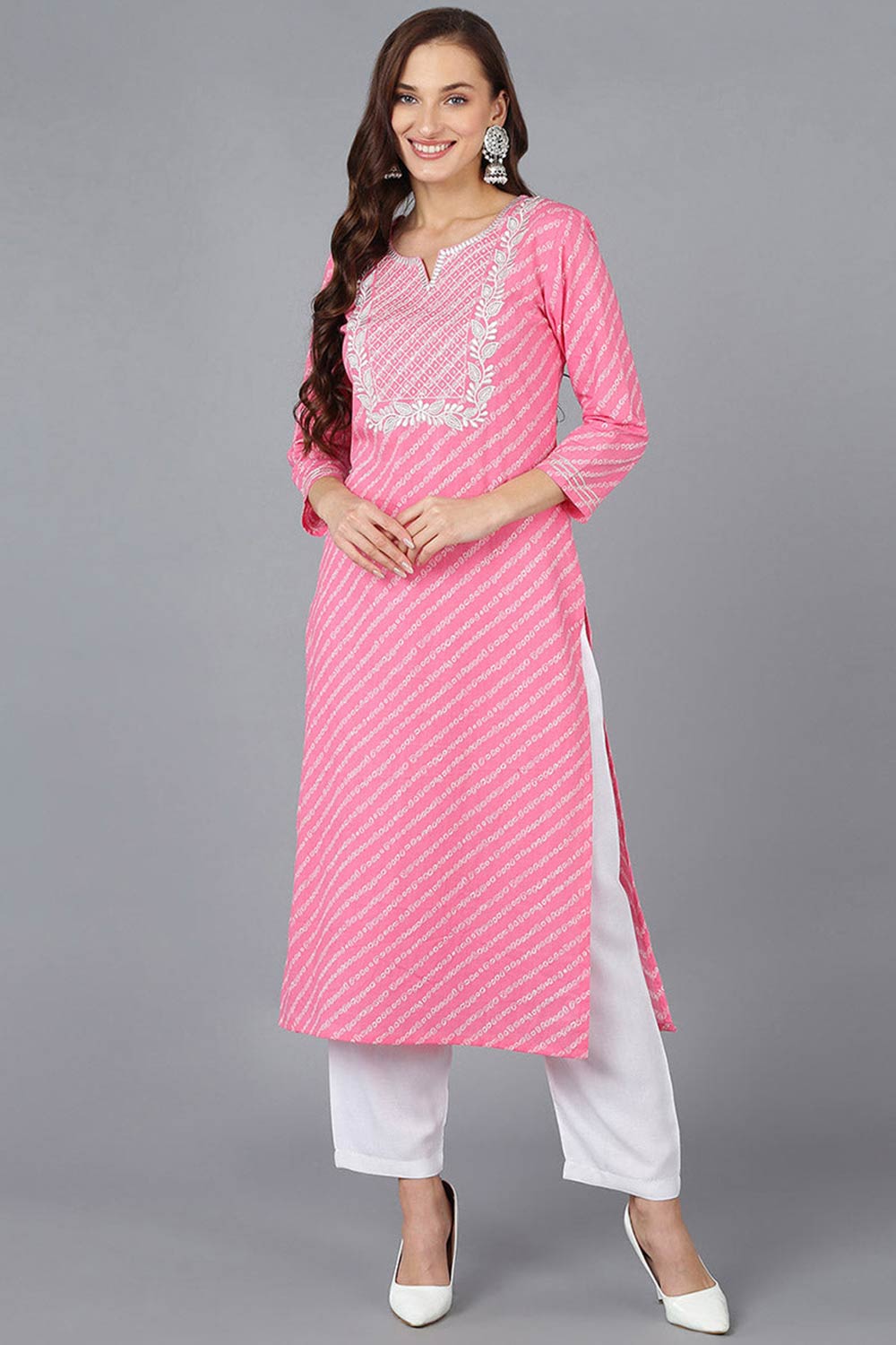 Pink Cotton Embroidered Round Neck KurtI Set