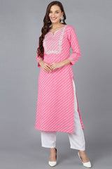 Pink Cotton Embroidered Round Neck KurtI Set