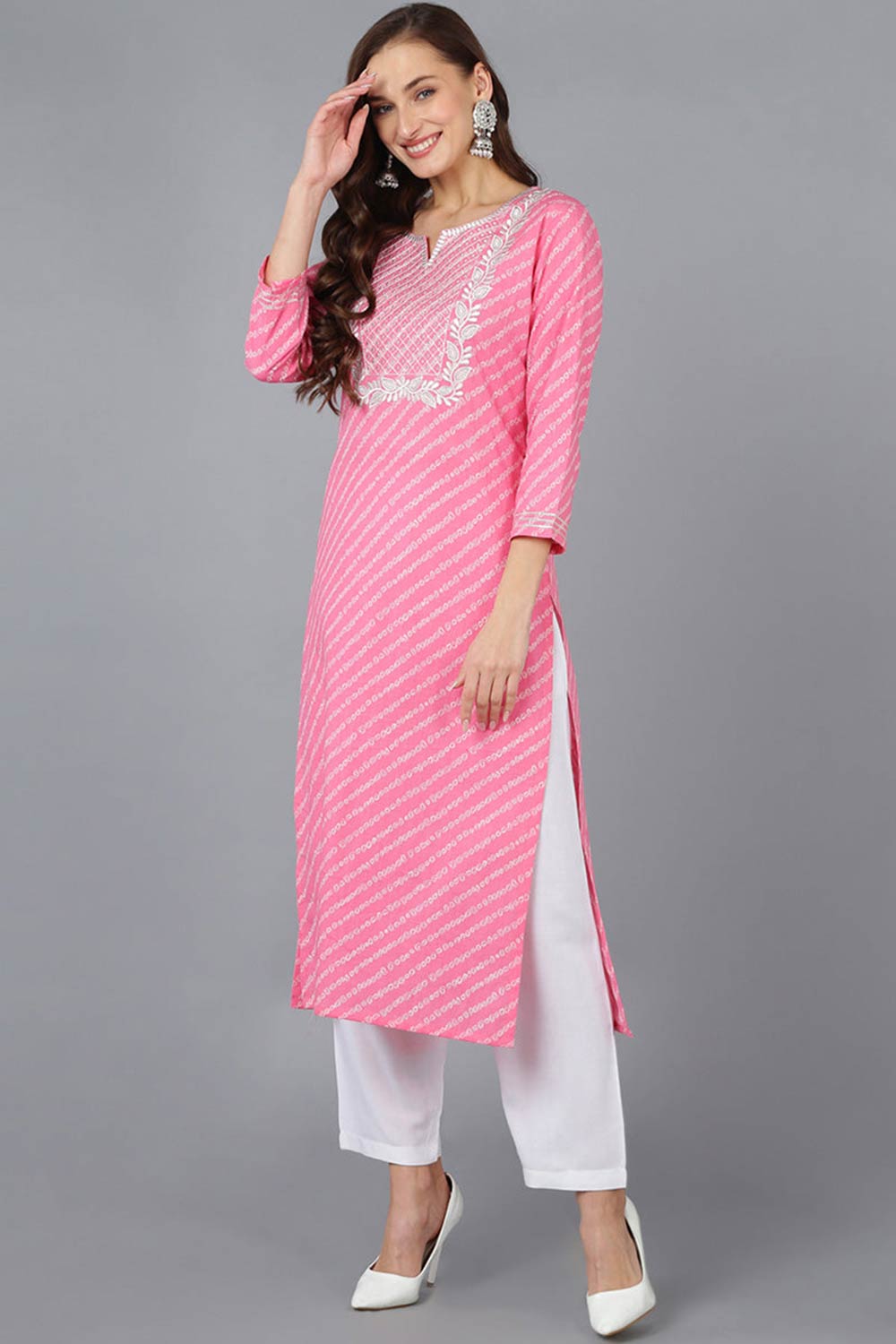 Pink Cotton Embroidered Round Neck KurtI Set