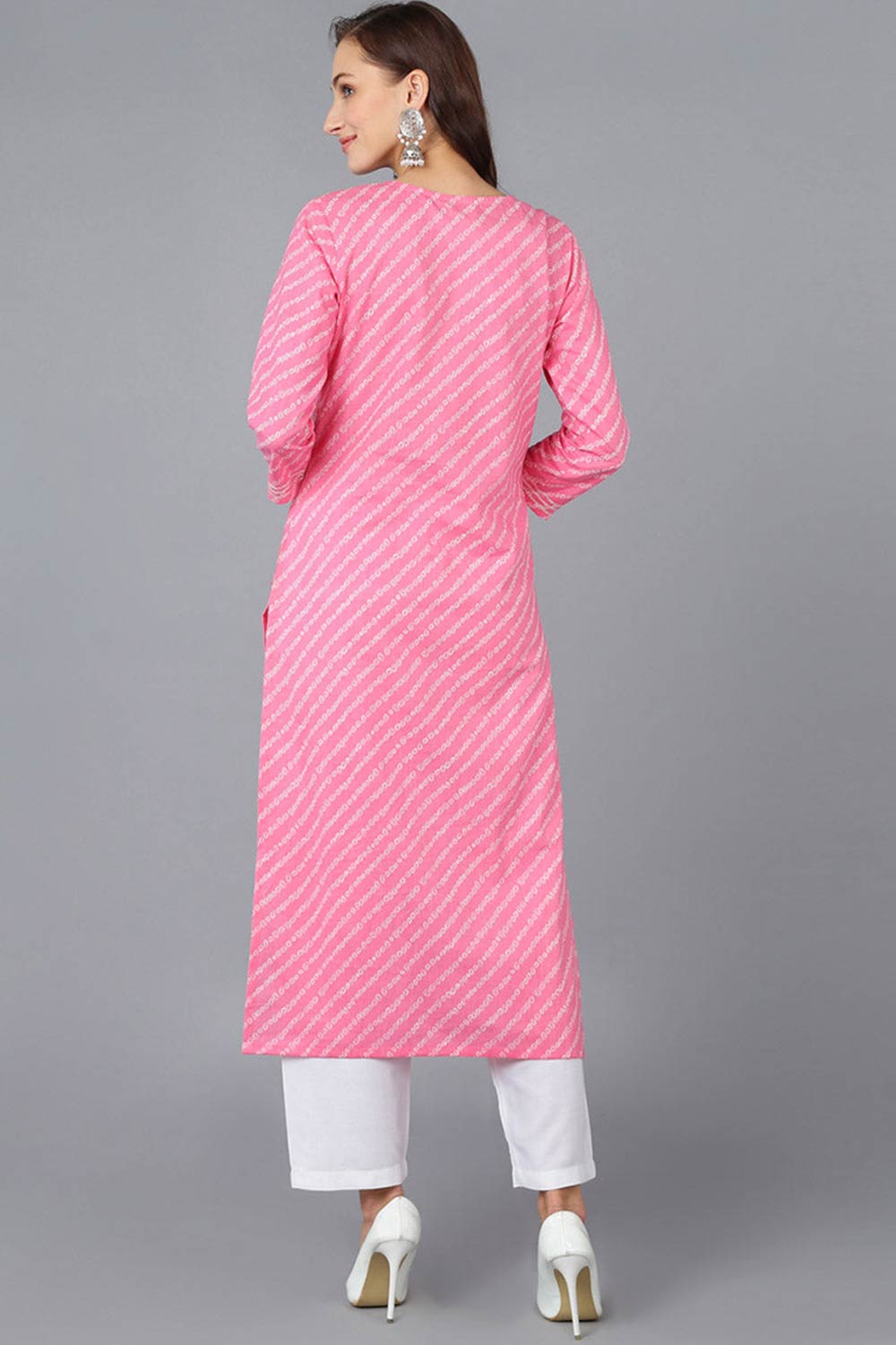 Pink Cotton Embroidered Round Neck KurtI Set