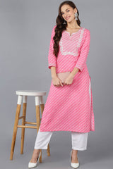 Pink Cotton Embroidered Round Neck KurtI Set