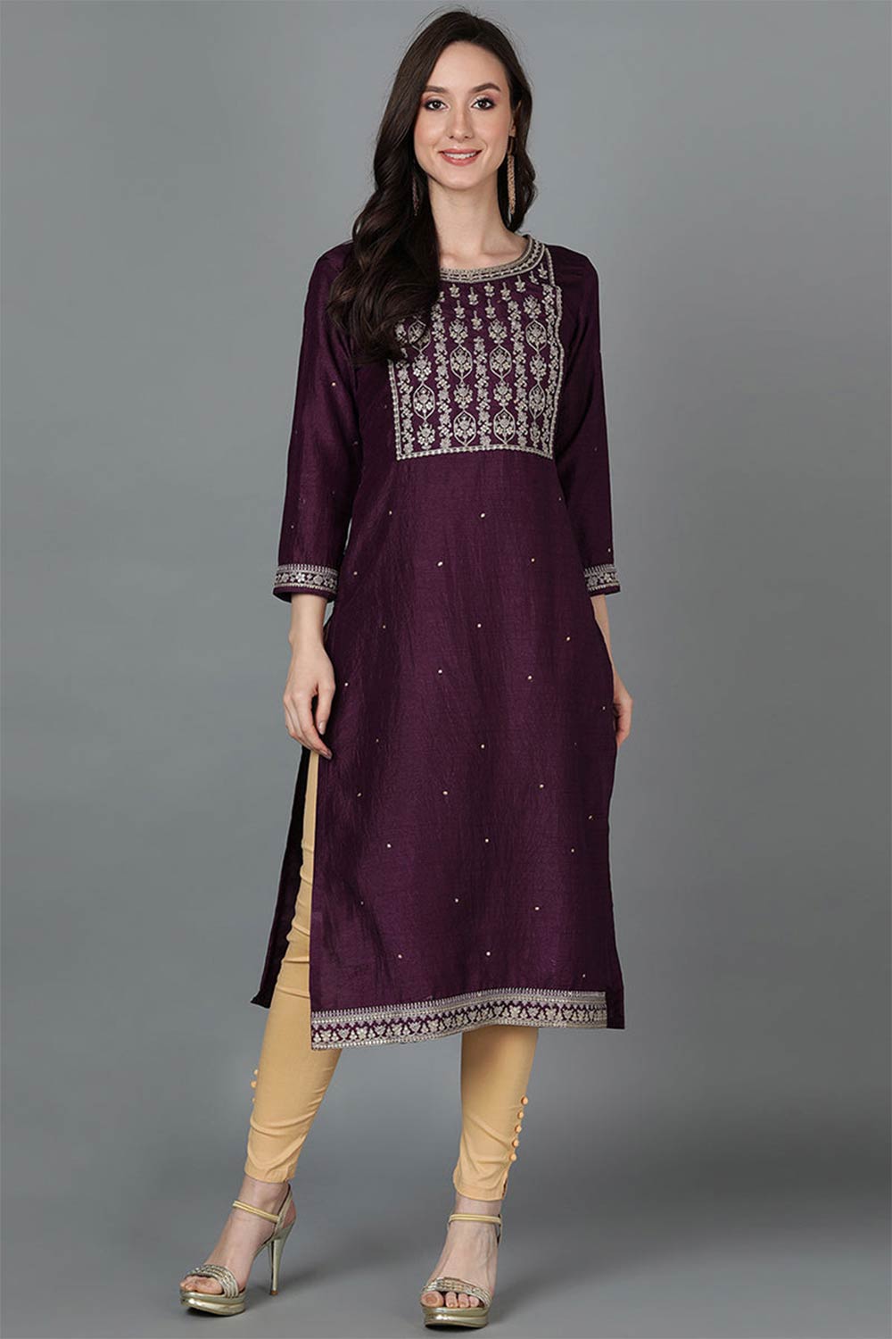 Purple Silk Blend Round Neck Kurta Set