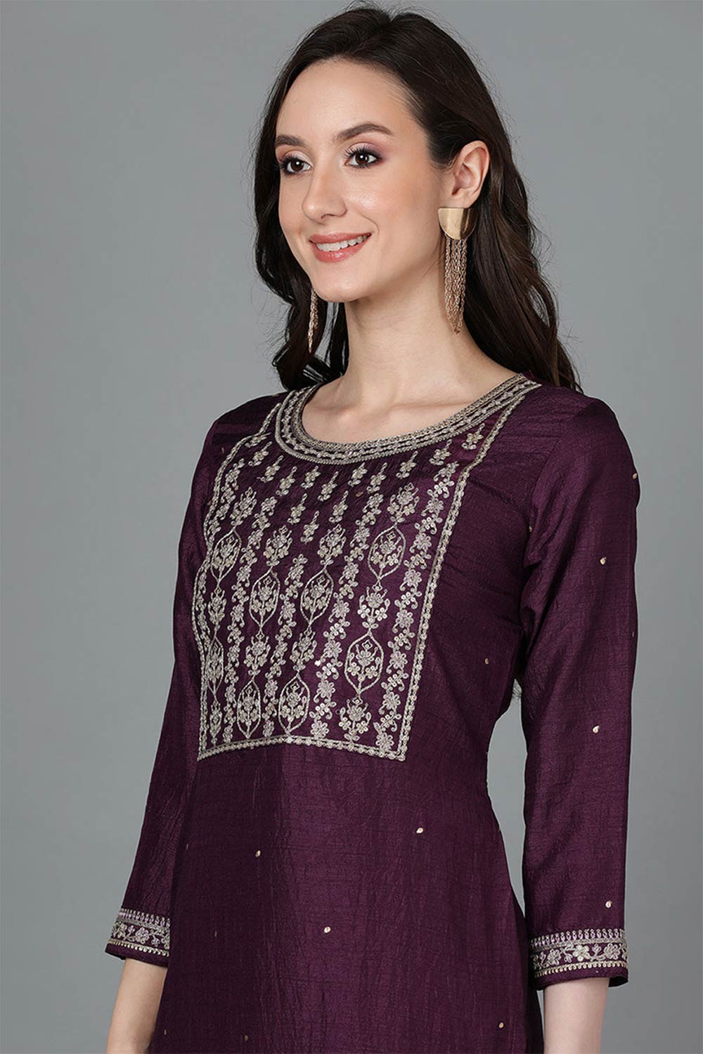 Purple Silk Blend Round Neck Kurta Set