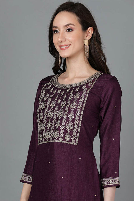 Purple Silk Blend Round Neck KurtI Set