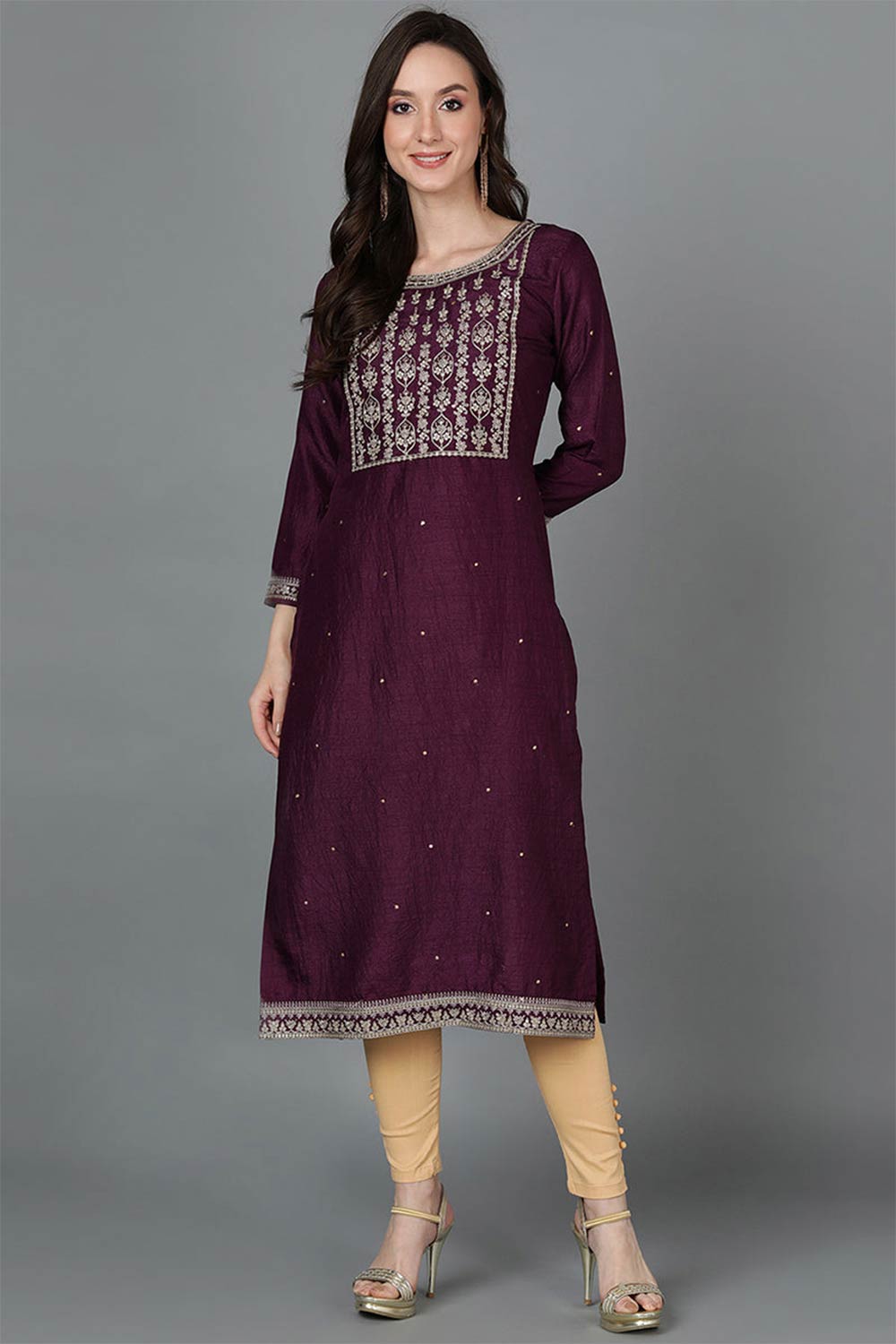 Purple Silk Blend Round Neck KurtI Set