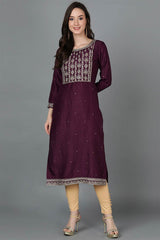 Purple Silk Blend Round Neck Kurta Set