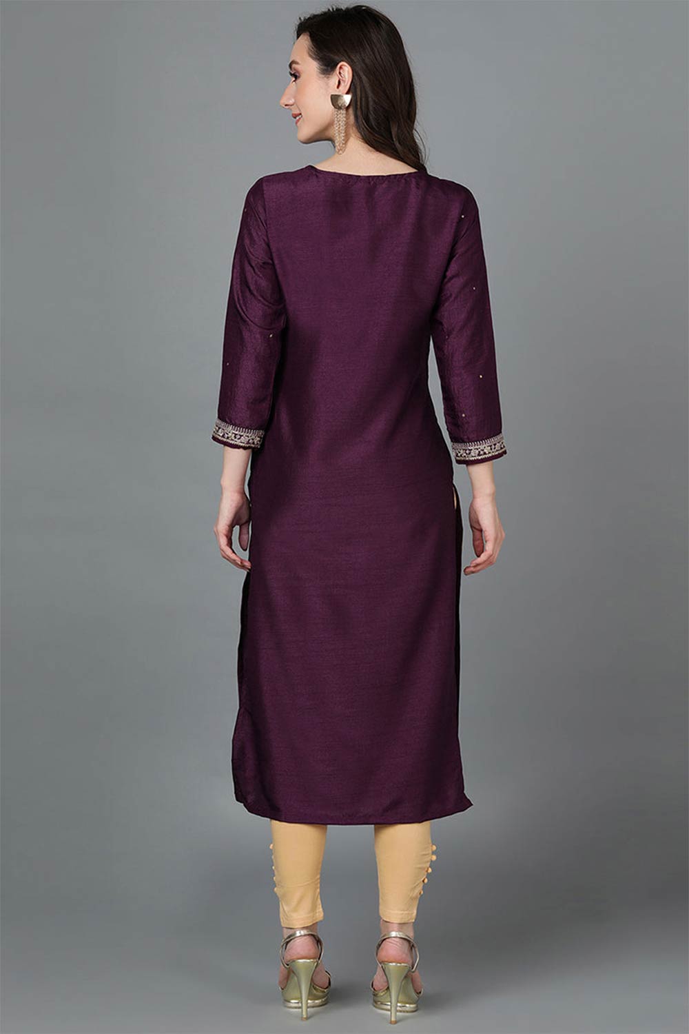 Purple Silk Blend Round Neck Kurta Set