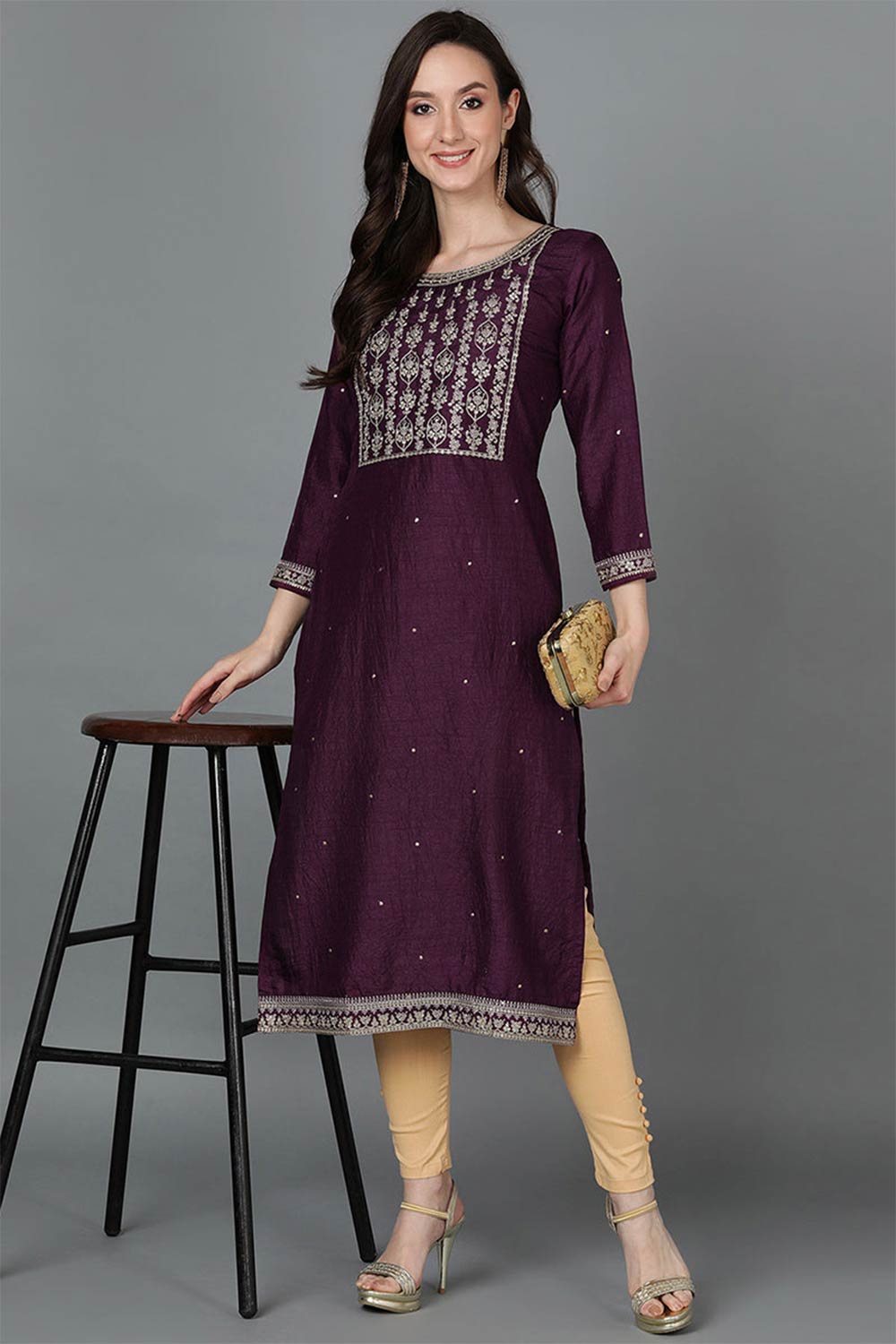 Purple Silk Blend Round Neck KurtI Set