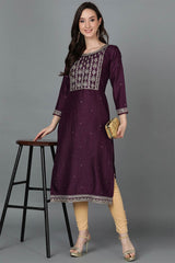 Purple Silk Blend Round Neck Kurta Set