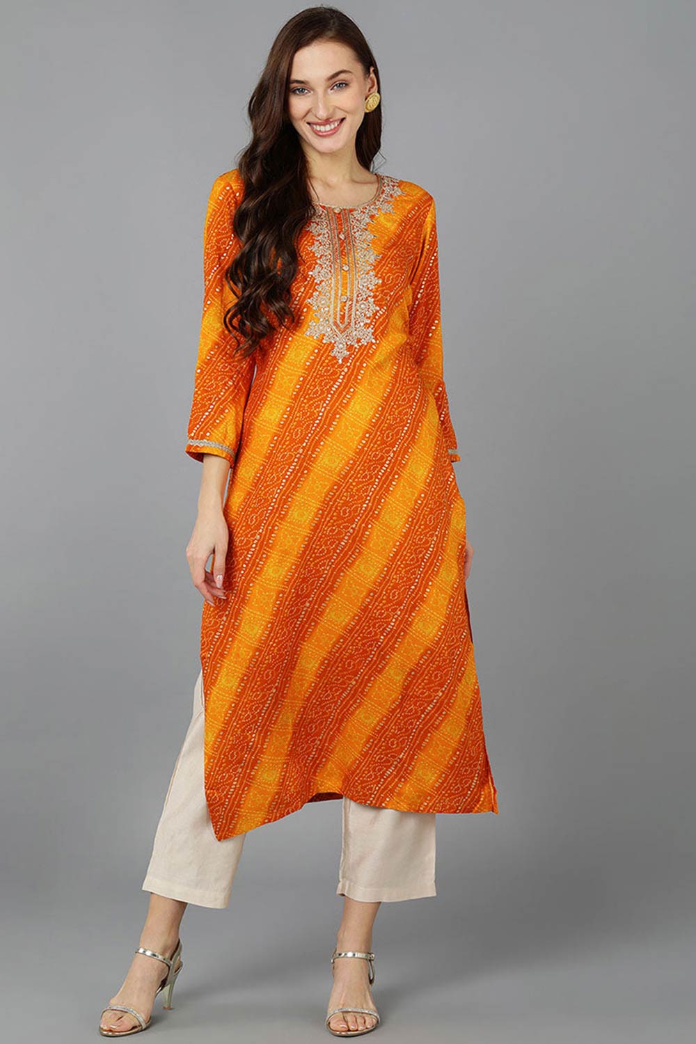 Orange Rayon Embroidered Round Neck KurtI Set