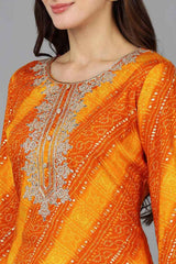 Orange Rayon Embroidered Round Neck KurtI Set