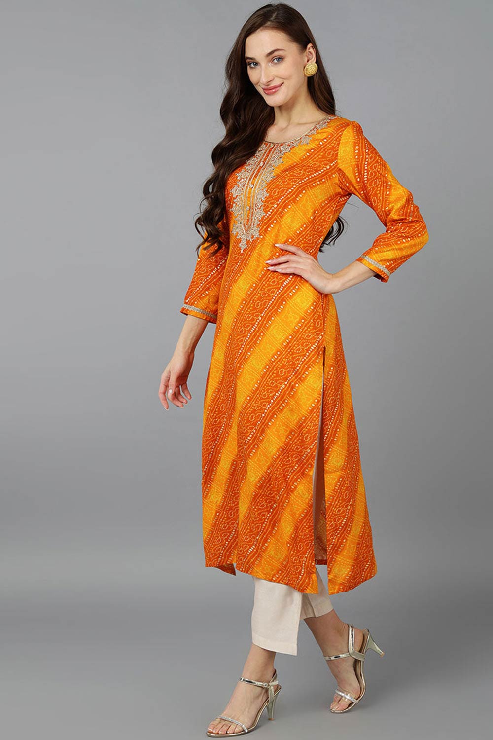 Orange Rayon Embroidered Round Neck KurtI Set