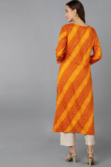 Orange Rayon Embroidered Round Neck KurtI Set