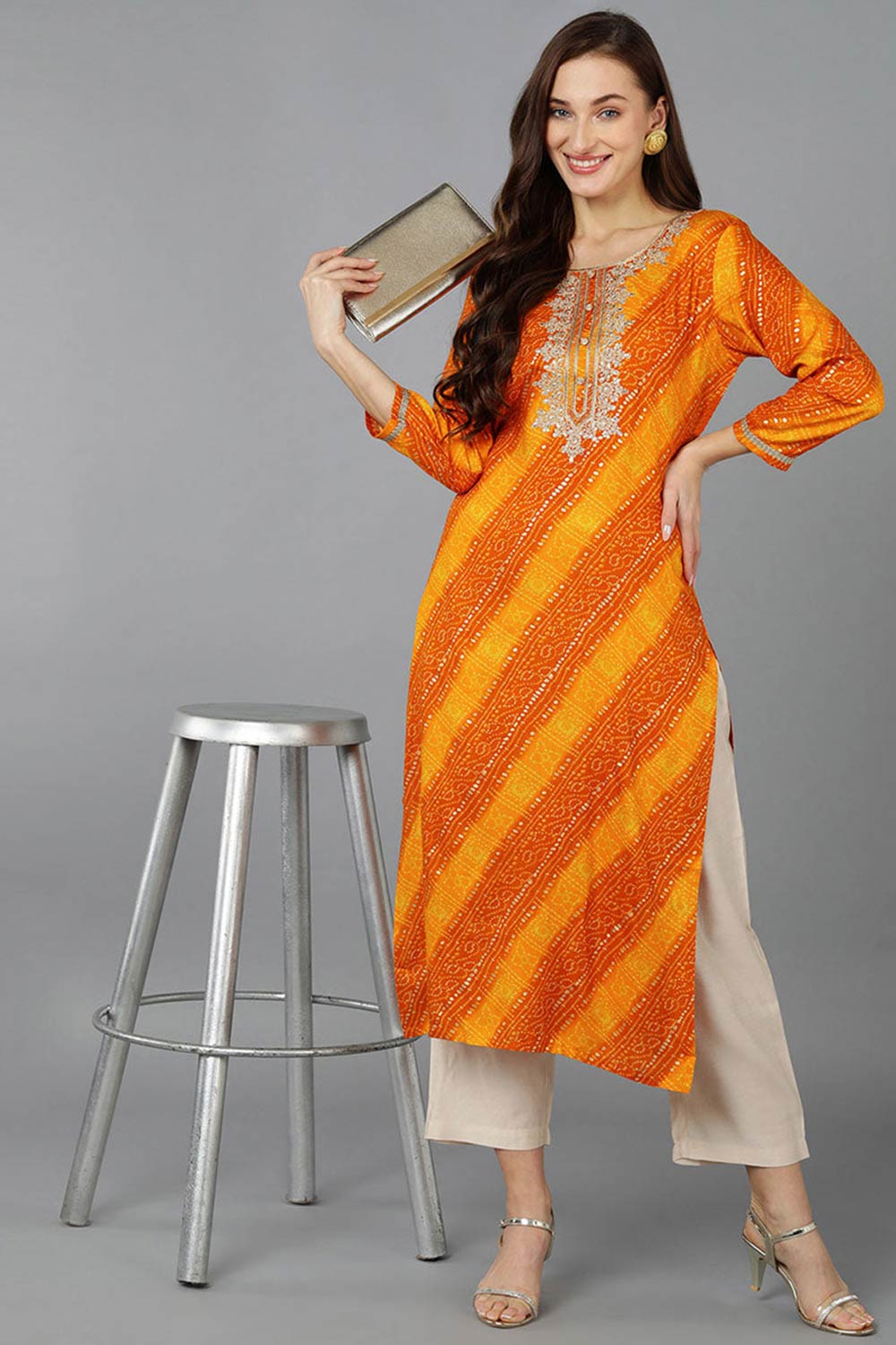 Orange Rayon Embroidered Round Neck KurtI Set