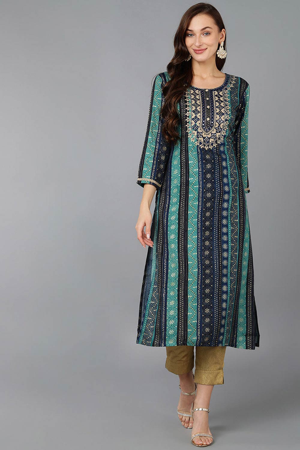 Blue Rayon Embroidered Round Neck KurtI Set