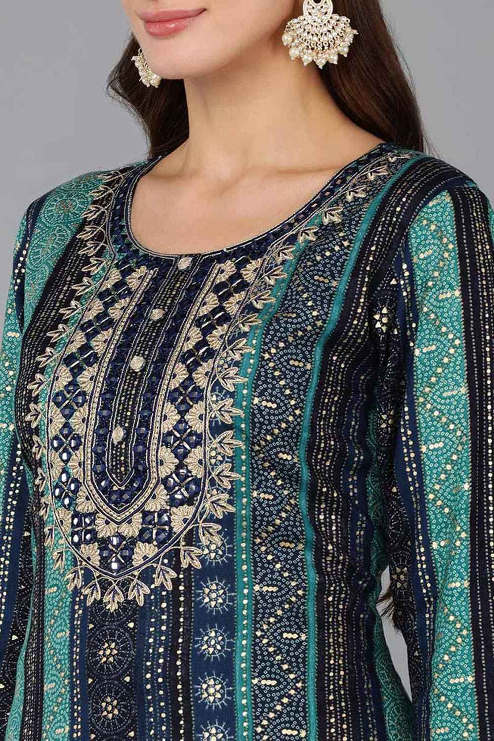 Blue Rayon Embroidered Round Neck KurtI Set