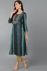 Blue Rayon Embroidered Round Neck KurtI Set