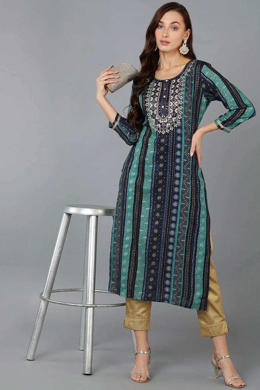 Blue Rayon Embroidered Round Neck KurtI Set